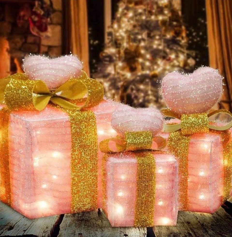 Pink LED Heart Gift Box Decoration Set